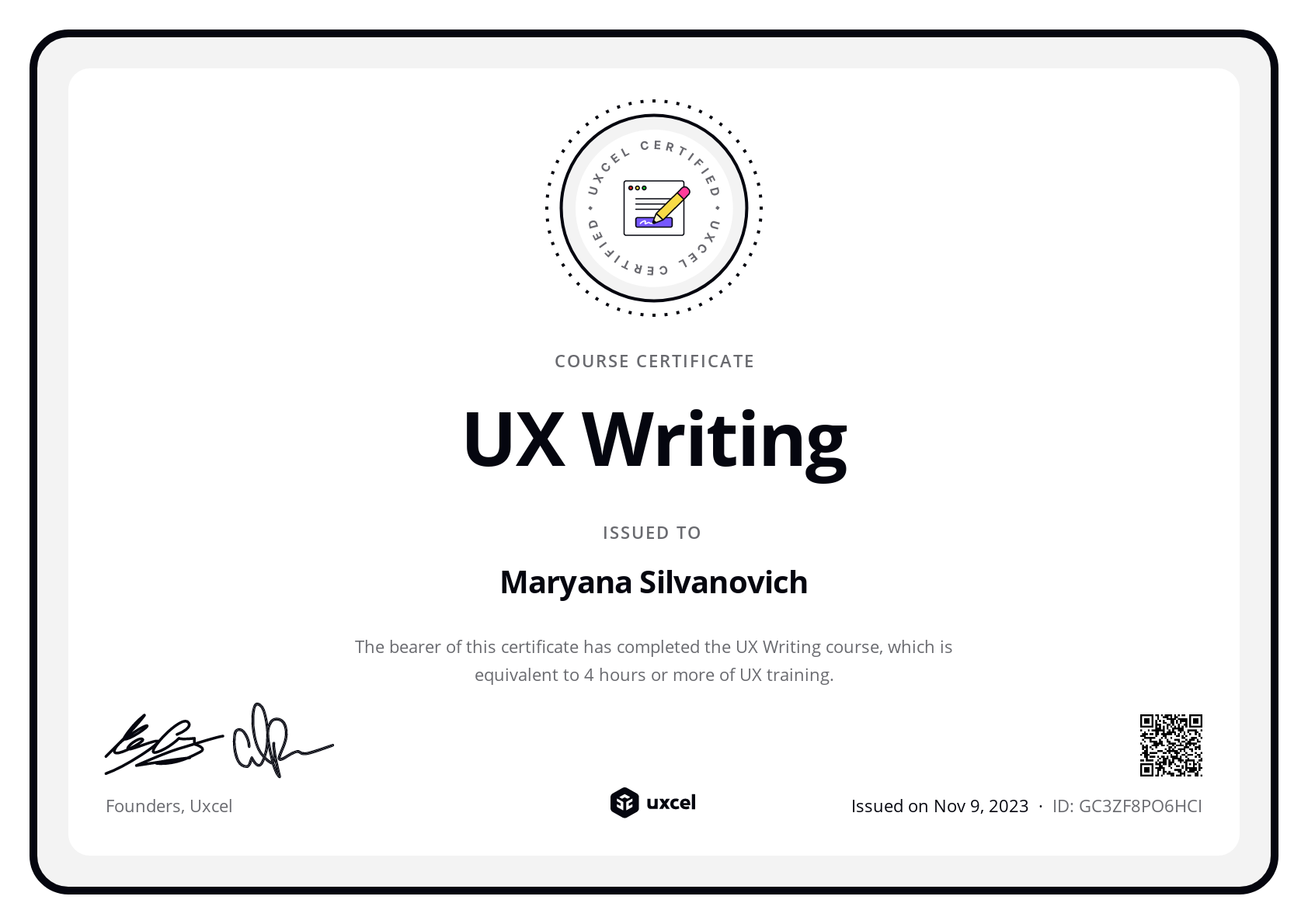 Maryana Silvanovich's certificate